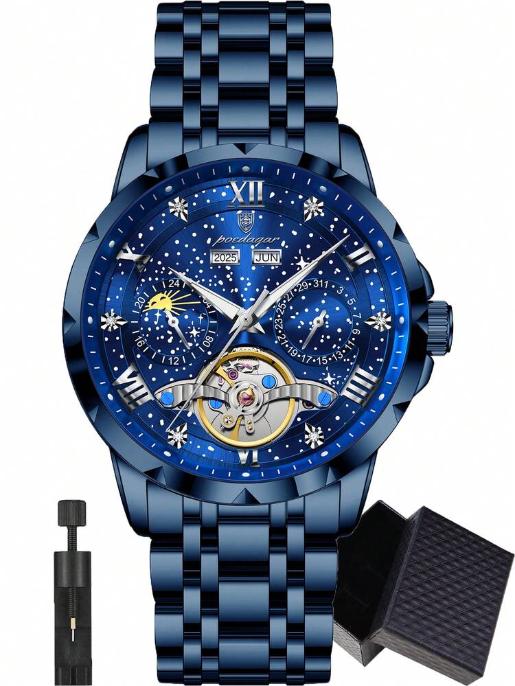 POEDAGAR 1pc Business Men's Stainless Steel Skeleton Automatic Mechanical Wristwatch, Multifunctional Calendar Waterproof Luminous Man Watches, Gift For Men - one-size - View 13
