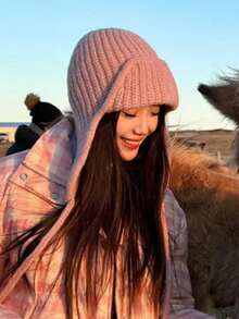 1pc Japanese Style Cute Pink Knitted Earflap Hat For Women, Face-Slimming Warm Winter Earflap Hat - Multicolor - View 4