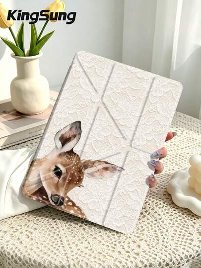 Kingsung Lace Deer Pattern Y-Shaped Folding Acrylic Tablet Case Compatible With Samsung Tablets/ Mini6/7/9.7/10.2/10.5/10.9/12.9/Pro 11, 10th Generation, Protective Cover Supports Multi-Angle Adjustment, Six Ways To Place The Bracket, Built-In Pen Slot, Anti-Drop Protection, Automatic Wake/Sleep.Compatible With Kindle Paperwhite 12th Gen 2024,Kindle 11th Gen 2022,Clara Colour. ﻿