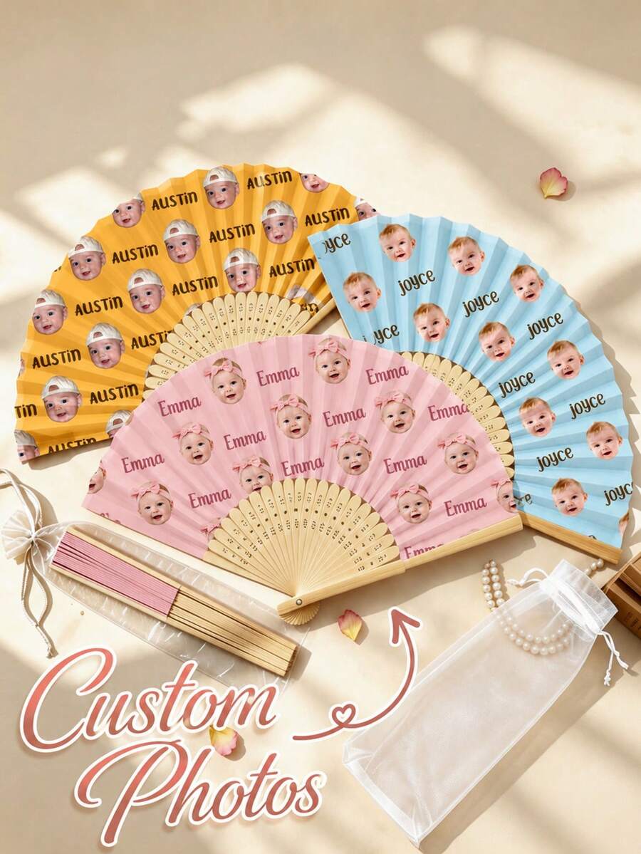 Personalized Photo Handheld Fan, Bamboo Wood Custom Folding Fan, Suitable For Weddings, Dance Events, Parties, Decorative Gift - Multicolor - View 1