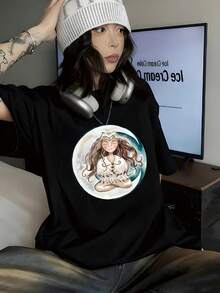 Unisex 100% High Quality Cotton Art Bohemian Lady Print Short Sleeve Tee Comfortable Light Summer Casual Basic T Shirt - Black - View 3