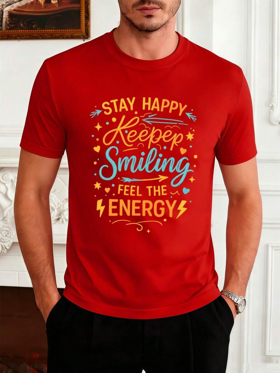 Men's Graphic Red Tee Shirt Round Neck, Easy Fit, Casual, Comfort Fit, Statement Print - Red - View 1