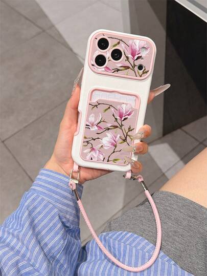 1pc Fashionable Personalized Full Screen Pink Floral & Branch Pattern, Fashion Card Holder Lanyard TPU Material Anti-Drop Protective Phone Case, Can Be Used As Holiday Gift, Compatible With Apple 11/12/13/14/14plus/15/15plus/16/16plus/17/17pro And Other Models Protective Cover