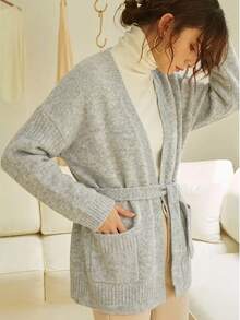 Knit Mix Women's Elegant Autumn/Winter Fashion Knit Cardigan, Minimalist Casual Daily Home Basic Outerwear Fall - Light Grey - View 6