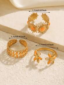 3pcs Stainless Steel 18K Gold Plated Summer Elegant Style City Leaf Flower Sun Ring Set Suitable For Women Daily Holiday Vacation Wear - Multicolor - View 3