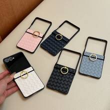 適用於 Galaxy Z Flip3/Z Flip4/Z Flip5/Z Flip6/Z 極簡編織紋理皮革手機殼 金屬環指環支架 商務高級 全包覆 防摔 硬殼 - 黑色 - 查看 2