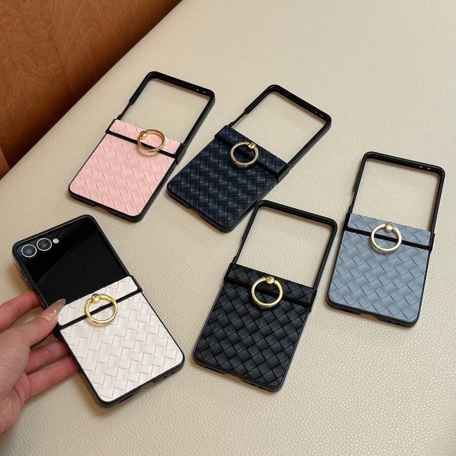適用於 Galaxy Z Flip3/Z Flip4/Z Flip5/Z Flip6/Z 極簡編織紋理皮革手機殼 金屬環指環支架 商務高級 全包覆 防摔 硬殼