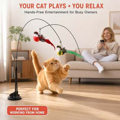 Juguete interactivo de doble vara para gatos, uso doméstico, fomenta el ejercicio y el juego independiente del gato, cabeza de repuesto con pluma de pájaro simulado y campana para mascotas, vara portátil con múltiples accesorios de pájaros desmontables