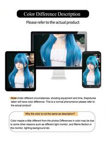 Sky Blue 24 Inch Heat Resistant Synthetic Long Curly Layered Wig With Bangs Women Daily Halloween Party Cosplay Fashion Wig - Multicolor - View 8