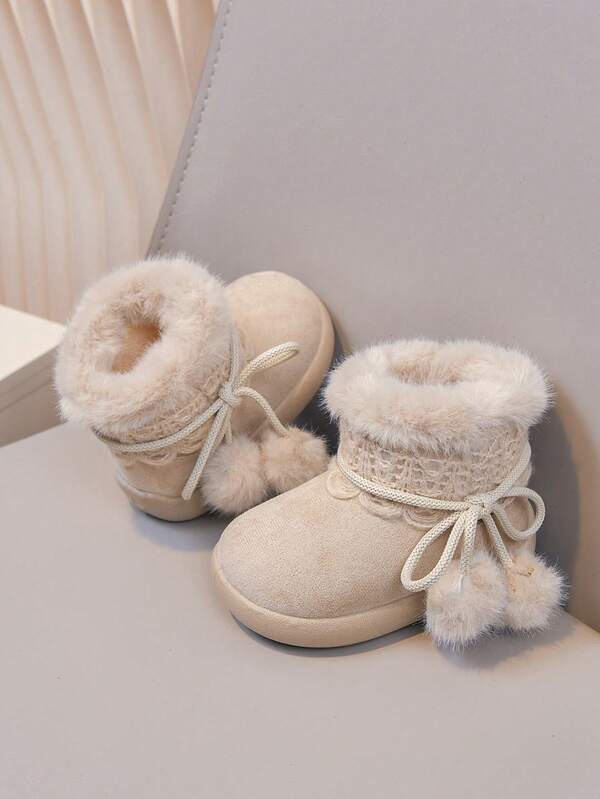 1 Pair Soft Lace Trim Pom Pom Girls Snow Boots, Autumn/Winter New Thickened Fleece Lined Ankle Boots, Soft Sole Anti-Slip