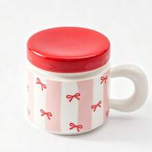 1pc 340ml/11.5oz Fashionable Pink Vertical Striped Ceramic Tea Cup With Lid And Filter, Cute Princess Style Red Heart Bow Print Porcelain Tea Infuser Mug, Suitable For Loose Leaf Tea, Coffee, Milk, Sweet Romantic Anniversary Birthday Gift Cup - Multicolor - View 14