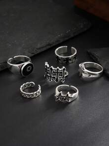 Set de 6 anillos de metal estilo punk de moda con diseño geométrico, anillos de estrella y cruz para uso diario casual de hombres - Plata antigua - Ver 3