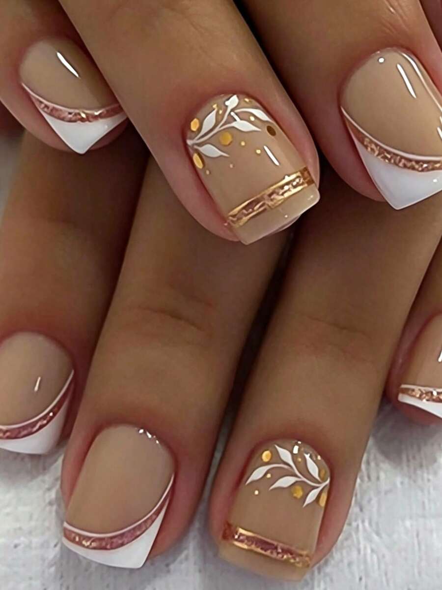 French Nail Patches, Short Square Nude Fake Nails, White French Tip With Minimalist Gold Line Design, Glossy Gel Polish Acrylic Nails, Natural Reusable Nail Glue Set, Nail Supplies - Multicolor - View 1