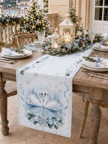 1pc Blue White Winter Swan Table Runner, Elegant Linen Rectangular Snowflake Holly Ribbon Lake Swan Printed Tablecloth Cover For Dining Table, Kitchen, Buffet, Christmas Dinner, Holiday Party And Winter Home Decor - Multicolor - View 3