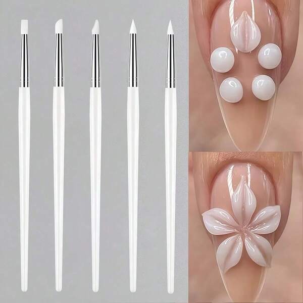5pcs/1pc Silicone Nail Art & Pottery Tools Brushes With Practical Wooden Handle, Creative Craft Brushes