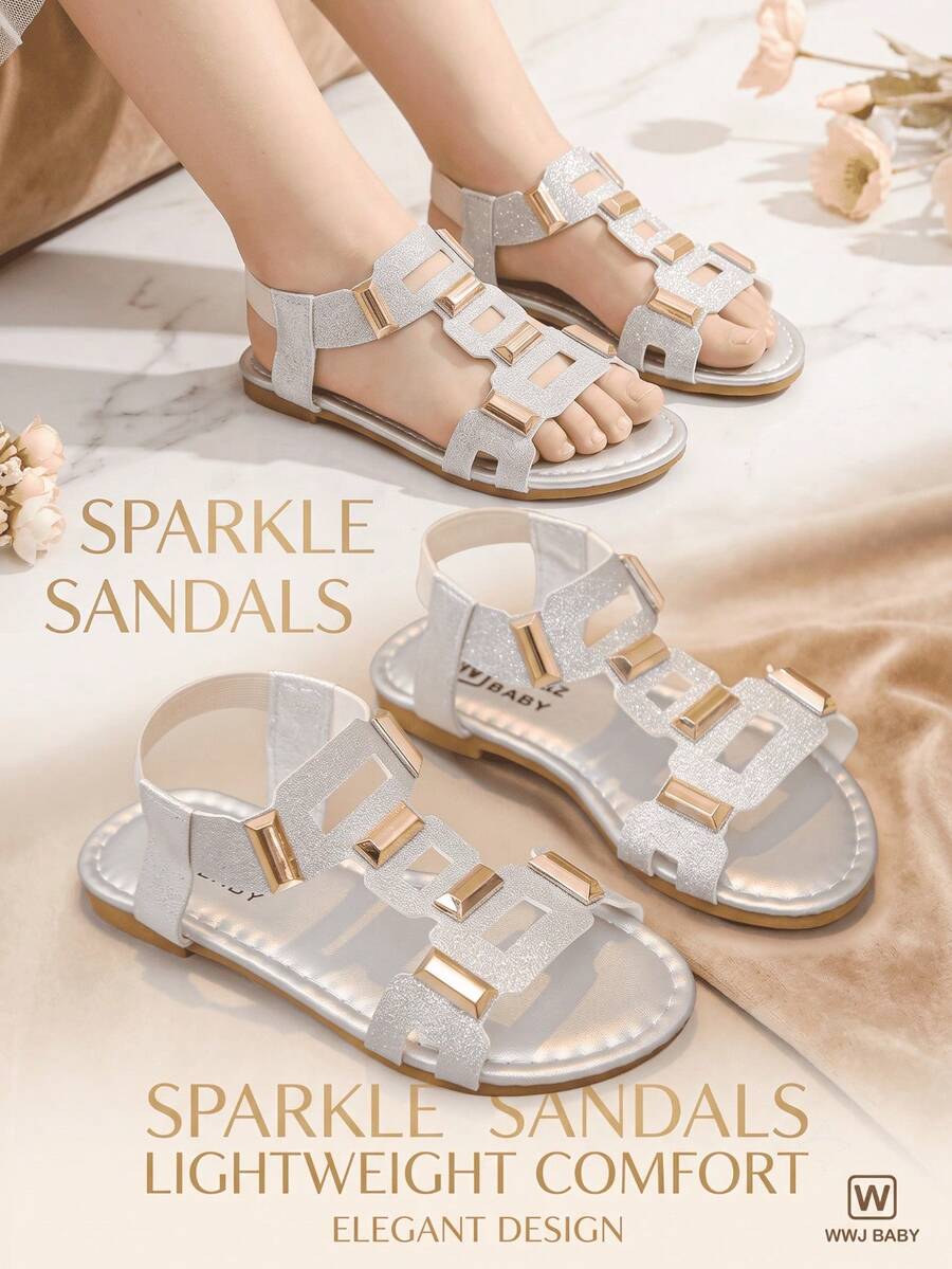 Luxury-Lite Shiny Girls' Sandals, Single Sole Design, Perfect Choice For Birthday Parties And Photo Shoots, Stand Out - Silver - View 1