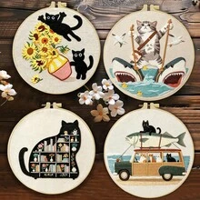 成人初學者刺繡套件,趣味貓咪圖案,含布料、逐步教學指南、繡框、針與線,適合感恩節/聖誕節送禮,居家、花園或辦公室裝飾,20x20cm/7.9in - A - 查看 2