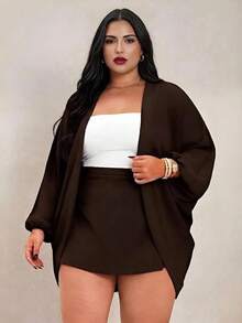 Conjunto Femenino Kimono Plus Zise e Short Saia com Elastico na Cintura No Liso Lançamento para Mulheres Moda Verão Estilo Casual - marrom escuro - Visão 6