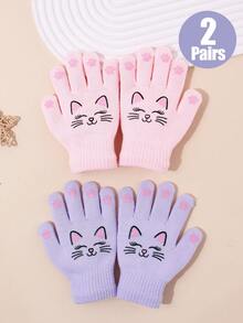 2 Pairs Kids Cute Cartoon Cat Print Knitted Full Finger Gloves, Soft Warm Winter Gloves, Elastic Ribbed Cuff Hand Protection, Suitable For Girls Outdoor Daily Wear - 2Pairs - View 14