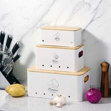 Myrothcane 3pcs Bamboo Lid Potato Onion Garlic Storage Bins, Ventilated Metal Vegetable Storage Containers, Stackable Farmhouse Style Kitchen Countertop Produce Organizer, Suitable For Pantry Storage - White - View 13