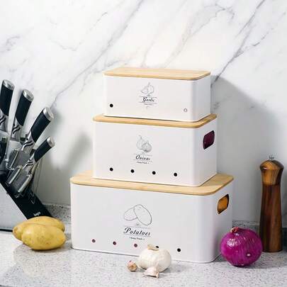 Myrothcane 3 piezas de contenedores de almacenamiento de patatas, cebollas y ajos con tapa de bambú, recipientes de almacenamiento de verduras de metal ventilados, organizador de productos de estilo granja apilable para encimera de cocina, adecuado para almacenamiento en la despensa