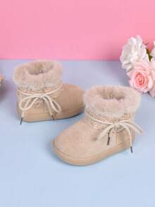 1 Pair Girls' Lace Bow Snow Boots, Thermal Lined, Thick Fur Trim, Soft Sole, Anti-Slip, Autumn/Winter - Beige - View 2