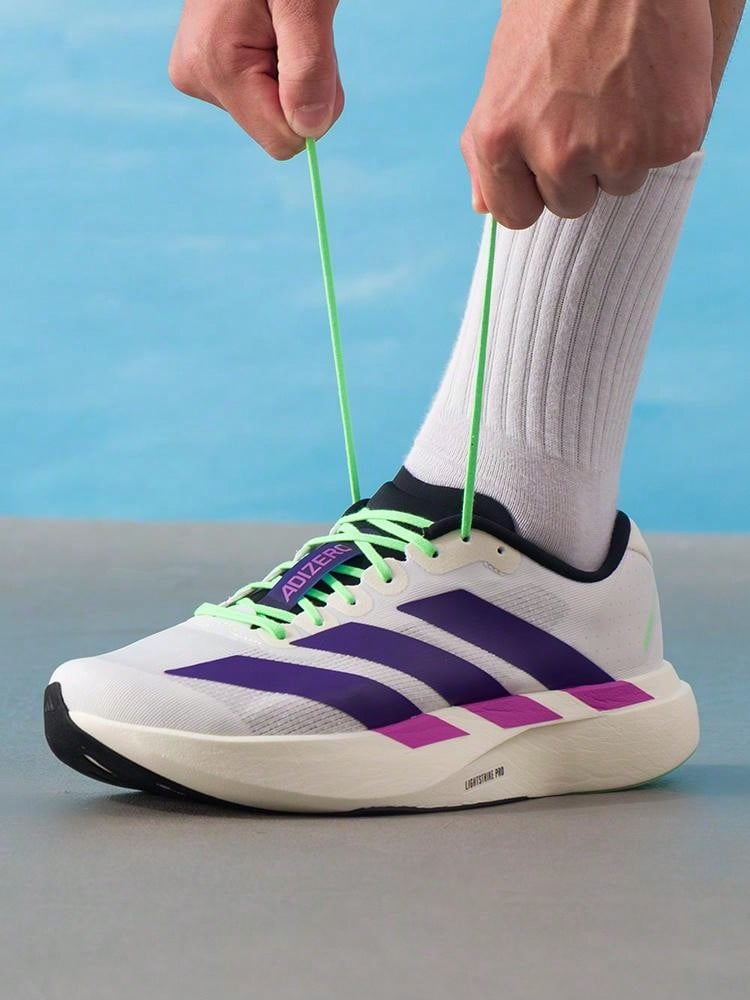 Adidas 男士 Adizero Evo SL M 緩震競賽跑鞋 日常跑步健身訓練通勤休閒運動鞋 JS4495 - 白/學院紫/魔力萊姆綠 - 查看 1
