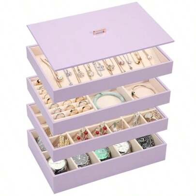 Stackable Jewelry Organizer Tray With Lid, PU Leather Jewelry Storage Holder For Drawer Inserts, Jewellery Display Box Case For Earring Necklace Ring Watch Bracelet Set Of 4, Lavender