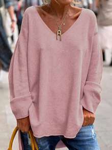 5pcs V-Neck Knit Tops With Front Short Back Long Hem And Side Slit, Spring Autumn Winter - Multi-color Multi-piece Set - View 4