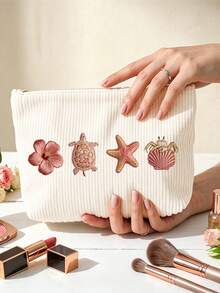 2D Shell And Starfish Pattern Printed Makeup Bag Travel Storage Pouch, Suitable For Beach, Swimming Pool, Swimwear, Travel Storage Bag, Makeup Bag, Cosmetic Bag, Vacation Storage Bag, Large Capacity Makeup Bag Can Hold Lipstick, Brushes, Skincare Products, Phone, Coins, Small Items, Multi-Purpose Home, Gift, Vacation And Holiday, Toiletry Bag, Student Makeup Bag, Halloween And Christmas Gift - Multicolor - View 3
