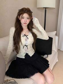 女款杏色蕾絲拼接波點圖案鏤空設計針織毛衣，蝴蝶結長袖套頭衫，秋冬季 - 杏色 - 查看 6