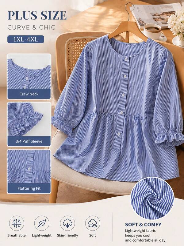 Plus Size Women's Blue & White Striped Petal Sleeve Blouse, Loose Fit Casual Top For Autumn