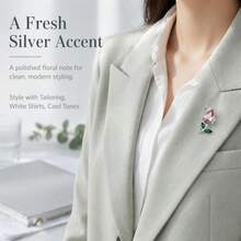 1PC/2PCS Zinc Alloy Two Tone Tulip Lapel Pin, Pink Rhinestone Green Enamel Floral Brooch, Women Clothes Collar Decor Jewelry Gift, Elegant Flower Pin - Multicolor - View 11