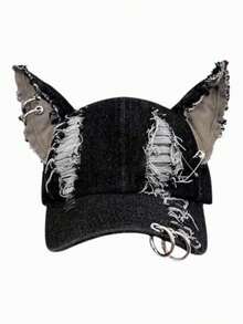 2026 New Fashion Hip Hop Skateboard Hat, Distressed Perforated Denim Rabbit Ear Baseball Cap, Outdoor Casual Decorative Sun Hat, Unisex - Rabbit Ears - View 3