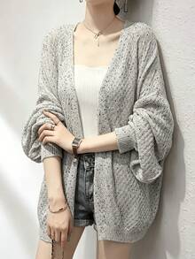 Cardigan Rajut Lengan Panjang Longgar Berlubang Motif Titik Campuran Ukuran Plus Musim Semi/Panas, Sweater Kasual Sehari-hari untuk Liburan Pantai bagi Wanita - Grey - View 4