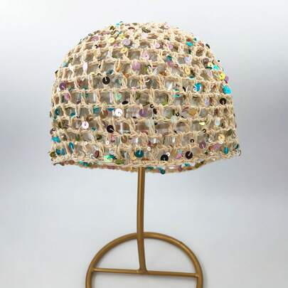 1pc Women's Summer Thin Sequin Hollow Handmade Fishnet Knitted Hat, Solid Color Fashion Versatile Exquisite Face-Slimming Beanie, Shiny Party Style, Polyester Fiber