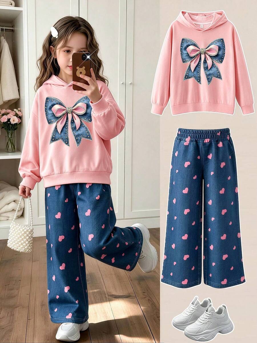 American Sweetheart Bow Print Hoodie + Heart All-Over Print Casual Pants 2-Piece Set, Suitable For Spring, Autumn, Winter, Girls' Daily Versatile Style - Pink - View 1