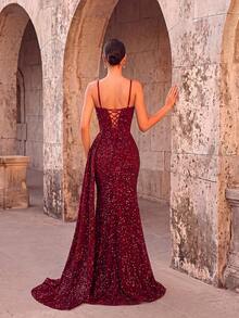 ADYCE Elegant Sequin Spaghetti Strap Rhinestone Splicing Fishbone High Waist High-Slit Sash Tie-Back For Prom Evening Date Wedding Guest Formal Dinner Party - Burgundy - View 2
