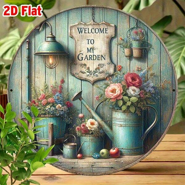 2D مسطح، 2D مسطح 1 قطعة لوحة خشبية عتيقة "Welcome To My Garden" قطر 20.32 سم لافتة زخرفية مع الزهور والفوانيس والأدوات، مثالية للريف