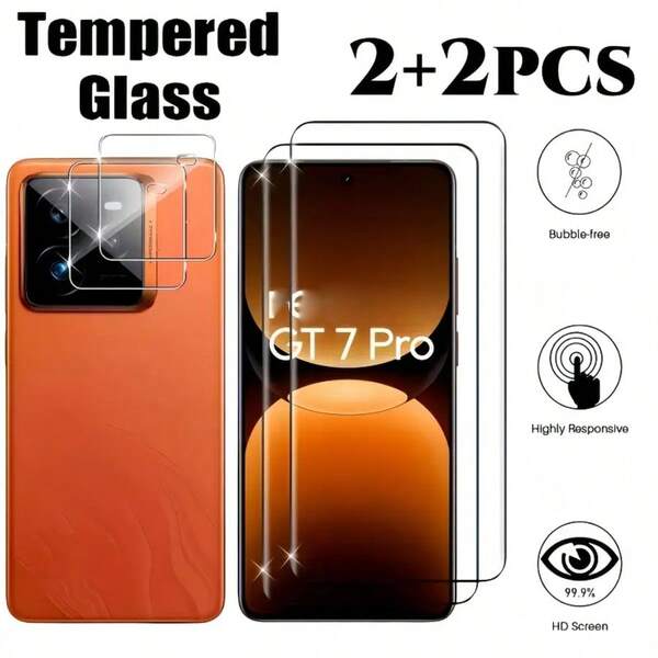 4pcs Curved Ultra-Clear Tempered Glass Screen Protector For GT 7/GT 7 Pro, 3D Ultra-Clear Camera Lens Protector, Full Coverage Camera Lens Protector, Easy Installation, Black Edge Silk Screen Screen Protector, Compatible With Realme GT 7T