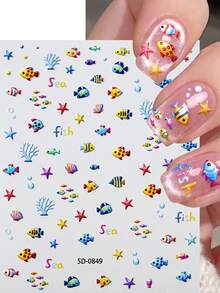2Pcs 5D Aquarium Ocean Fish Nail Stickers, Colorful Tropical Fish Starfish Coral Bubble Underwater Sea Self-Adhesive Nail Decals, Kawaii Manicure Decoration For Summer Beach Salon Nail Art - Multicolor - View 3