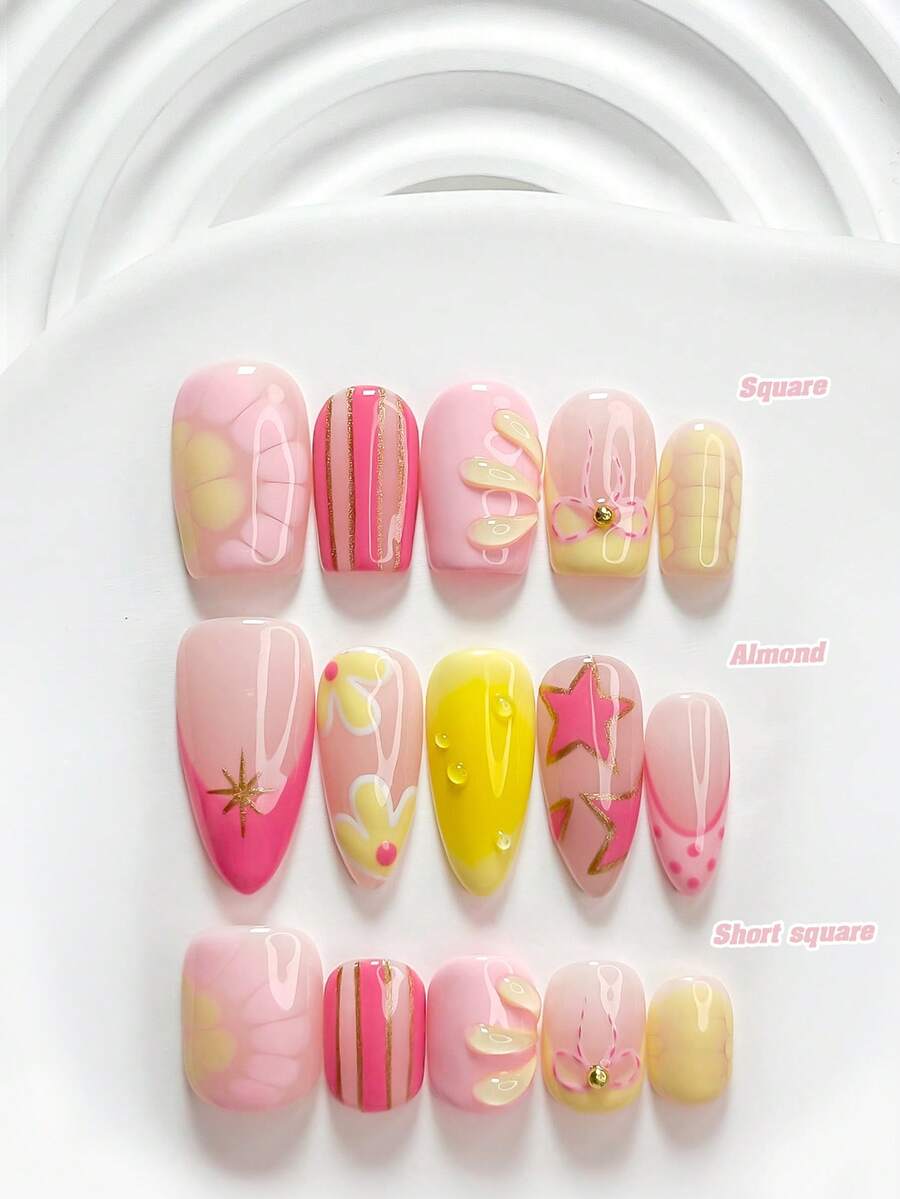 10片裝可愛韓系手工穿戴甲 Polygel 美甲套組,水滴設計,粉色與黃色指甲油,清新俏皮風,含美甲工具,3種尺寸可選:方形、短方形、杏仁形,適合派對、跳舞、日常配戴 - 彩色 - 查看 1