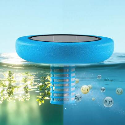 Solar Pool Ionizer, Round Copper Pool Ionizer Up To 45000 Gal, Floating Automatic Water Cleaner And Purifier, Chlorine Free Water, With Copper Anode, Spring, Brush And Filter For Pools & Spas