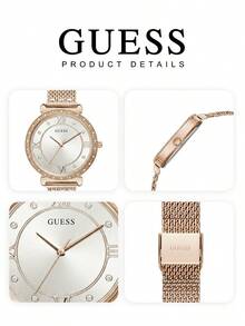 GUESS Women's Quartz Watch With Starry Rhinestone Dial, Roman Numerals, Minimalist White Face, Rose Gold Steel Band, Elegant Luxury Style - Gold - View 6