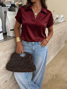 Minimal Silky Vacation Short Sleeve Shirt Graduation Commute Travel Vacation City Trip Leisure Brunch Wear - Burgundy - View 1
