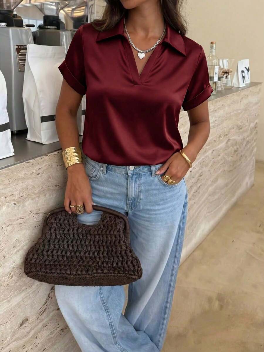 Minimal Silky Vacation Short Sleeve Shirt Graduation Commute Travel Vacation City Trip Leisure Brunch Wear - Burgundy - View 1
