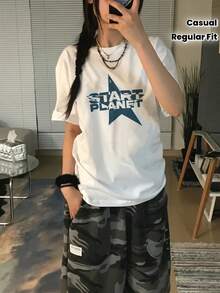 Women Y2K Style Crew Neck Regular Fit Short Sleeve T-Shirt Blue Star & "START PLANET" Print For Spring Summer Autumn Fast Local Delivery - 白色 - 查看 3