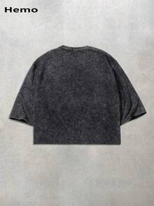 Hemo 男士夏季街头风人像印花方领T恤，弹力水洗黑色休闲日常短款上衣 - 黑色 - 查看 2