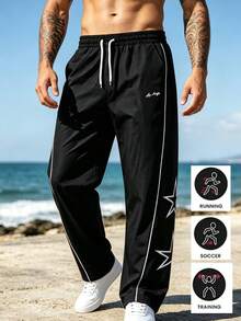 Men's Side Star & White Stripe Straight Leg Sports Pants - Black - View 1