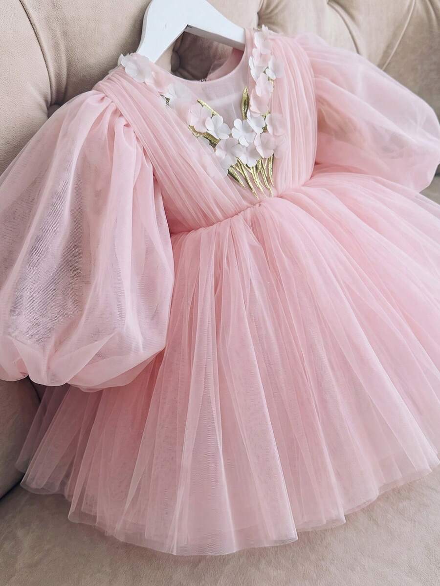 女嬰淺粉色3D花朵網紗公主裙,適合女孩生日派對、婚禮花童、晚宴盛會、重要場合、度假洋裝 - 淺粉色 - 查看 1
